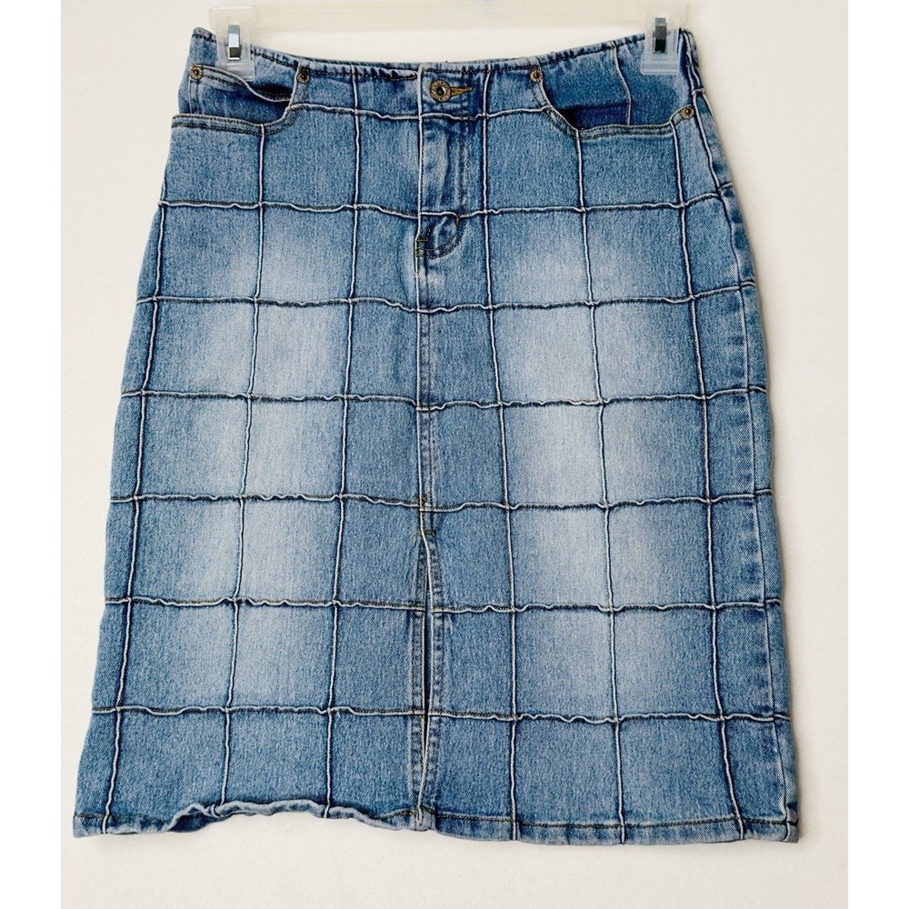 Lazer Jeans Denim Grid Patchwork Skirt Light Wash Midi‎